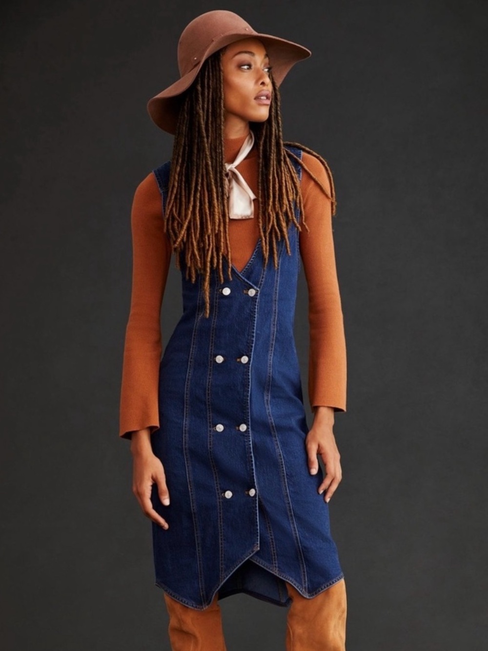 Pilcro Indigo Denim Double-Breasted Midi Dress